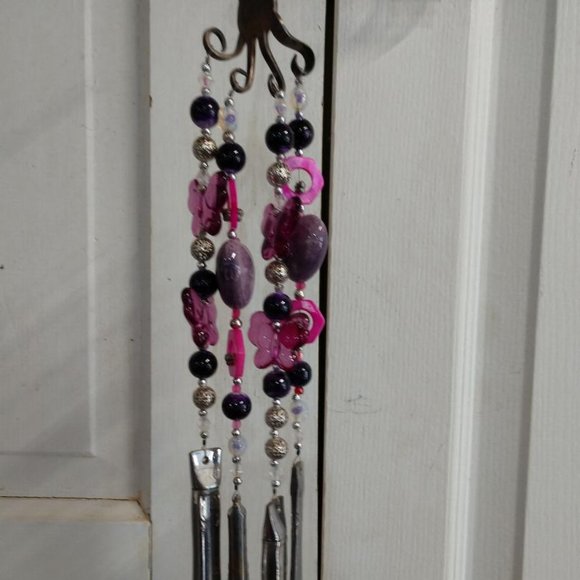 Pink/Purple Beaded Butterfly Upcycled Recycled Silverware Windchime - Picture 4 of 10